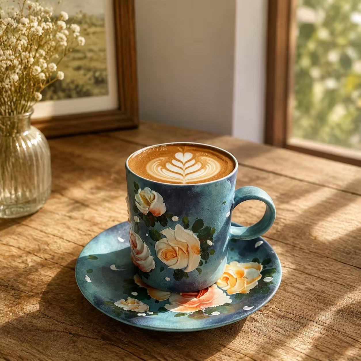 White Rose Hand-Painted Ceramic Cup Set