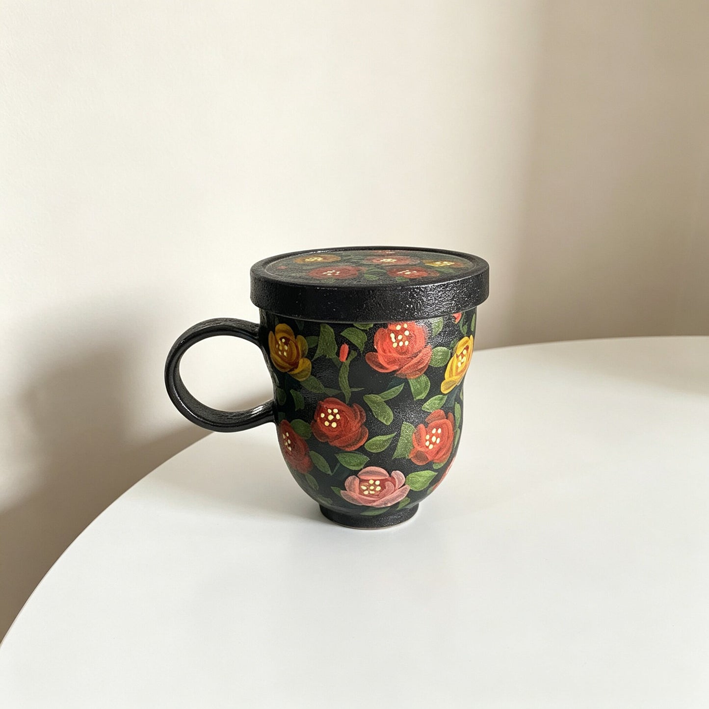 Black Floral Ceramic Travel Mug