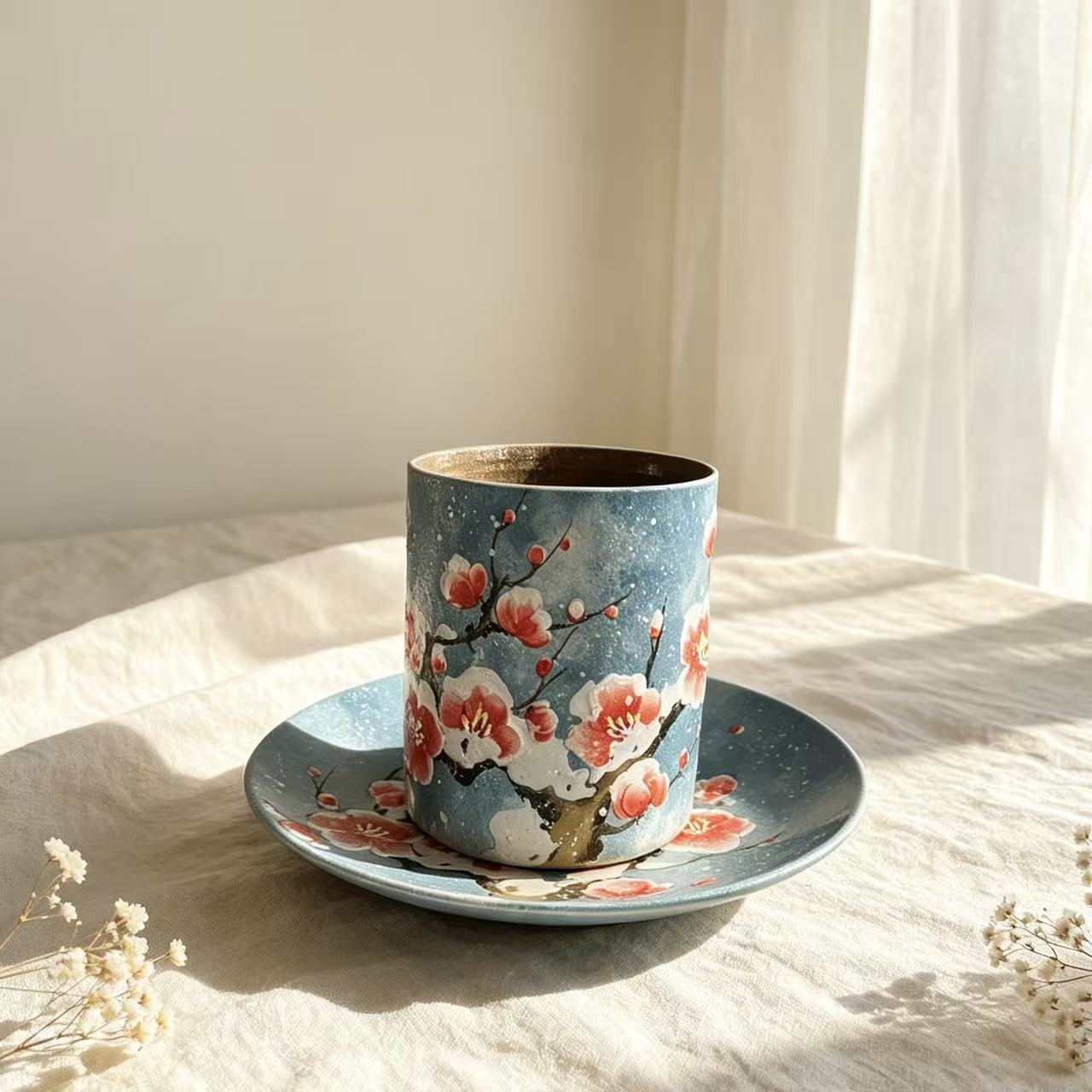 Plum Blossom Hand-Painted Ceramic Cup Set