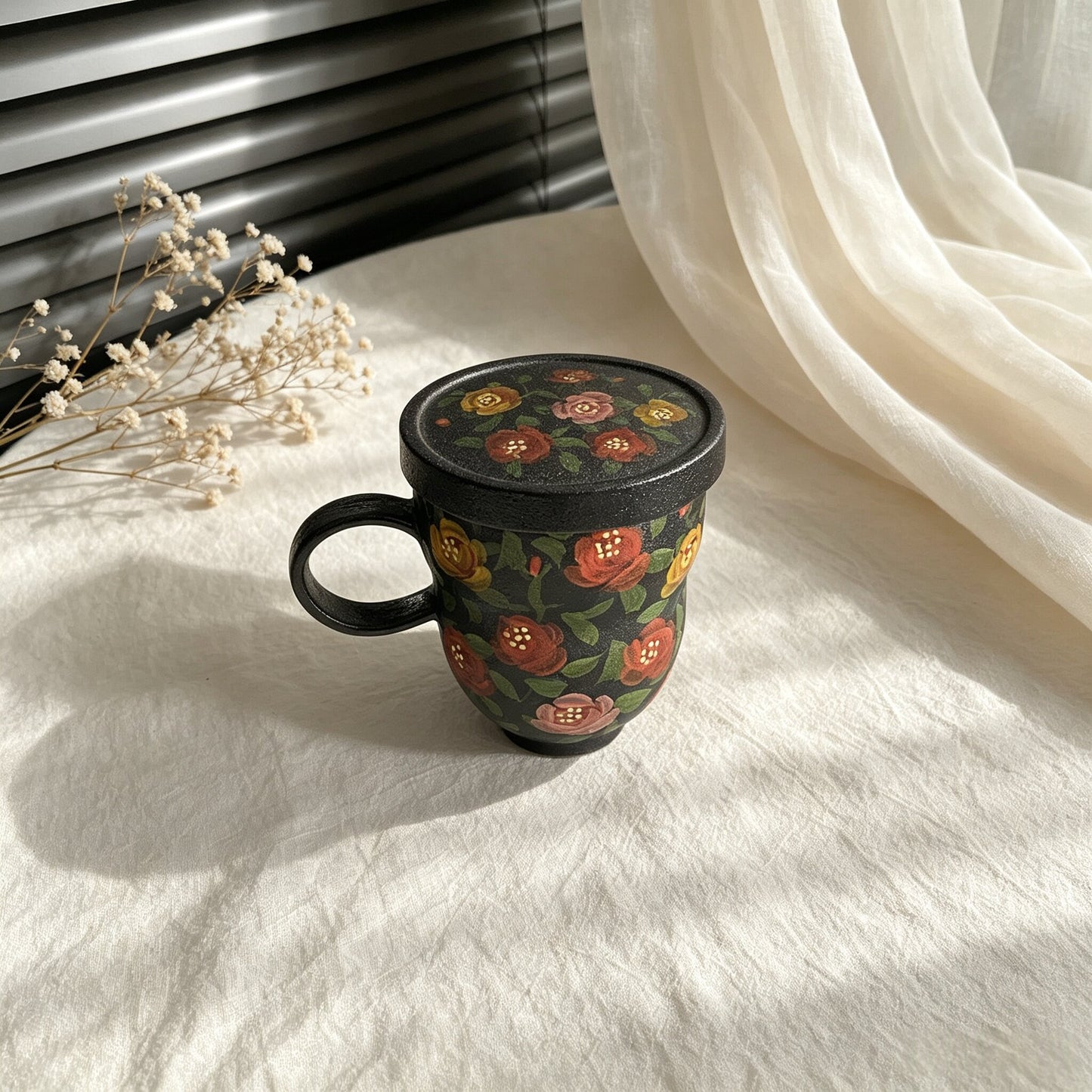 Black Floral Ceramic Travel Mug