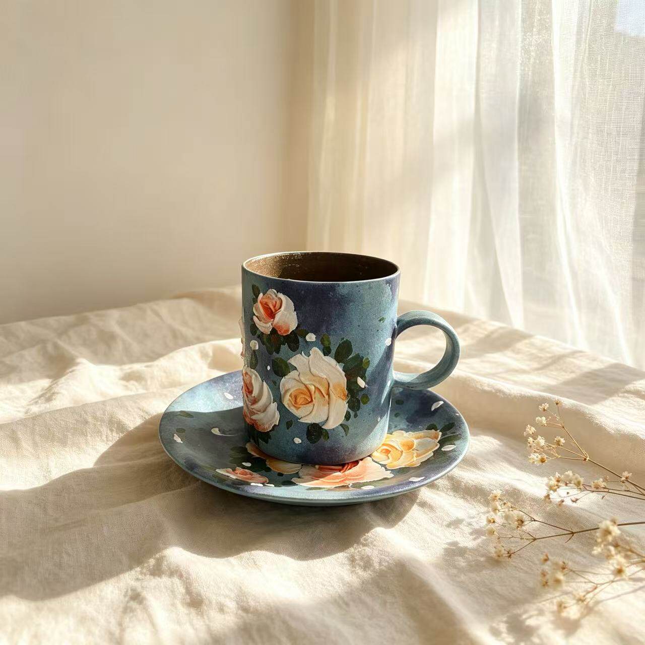 White Rose Hand-Painted Ceramic Cup Set
