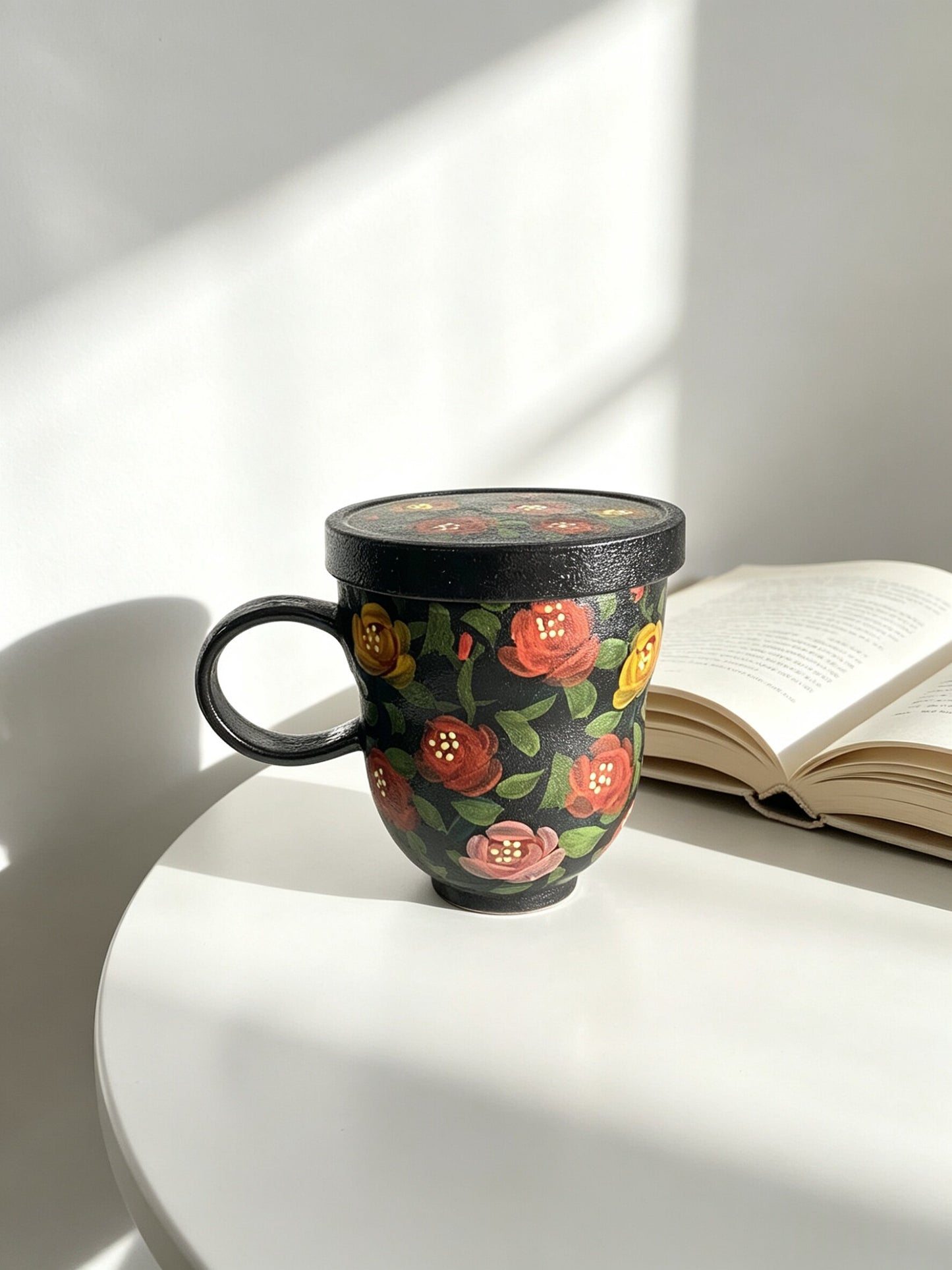 Black Floral Ceramic Travel Mug