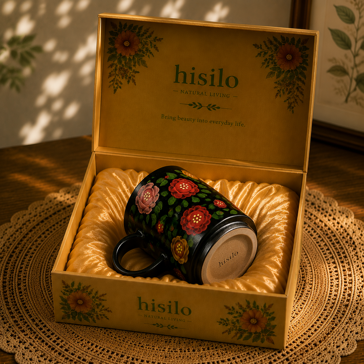 Black Floral Ceramic Travel Mug