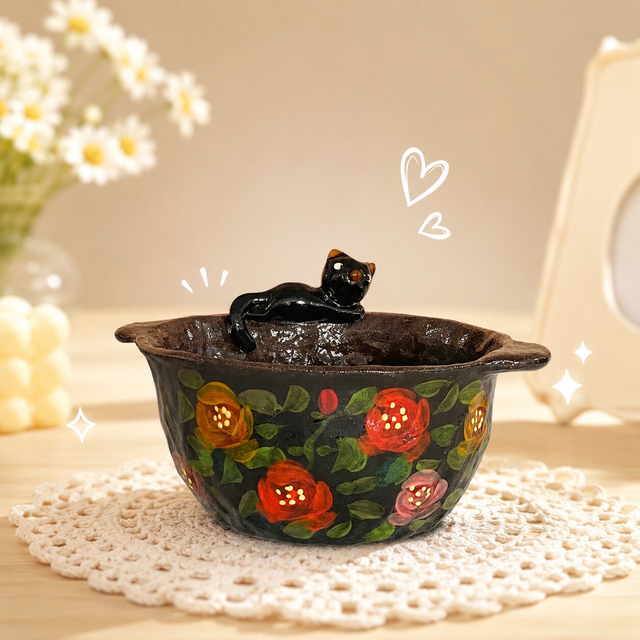 Black Cat Floral Ceramic Gaiwan