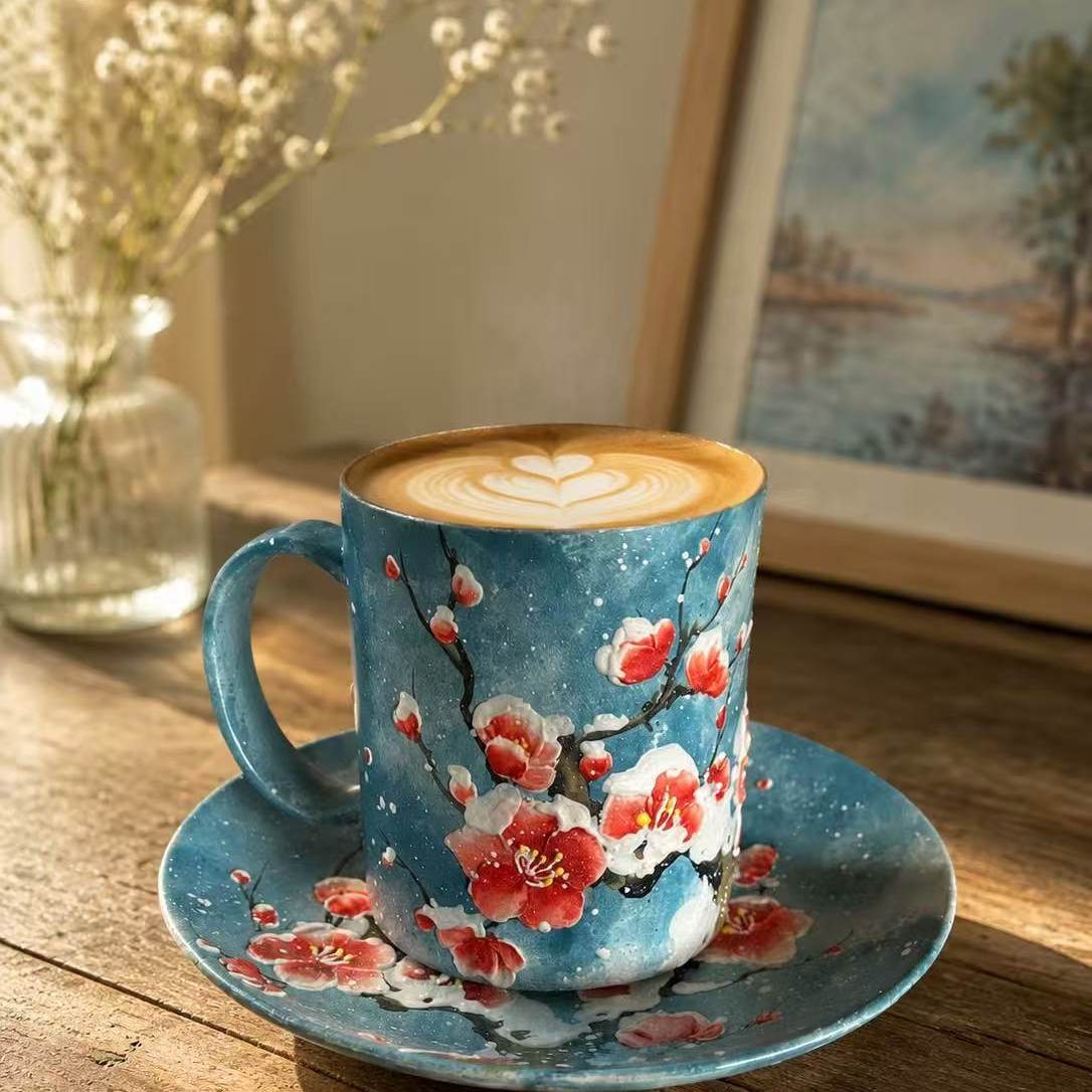 Plum Blossom Hand-Painted Ceramic Cup Set