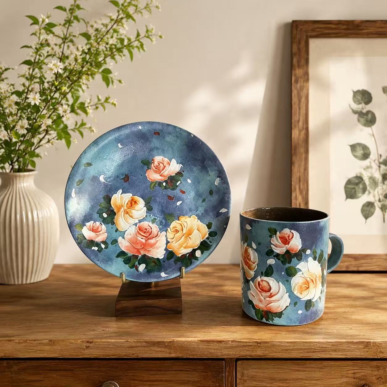 White Rose Hand-Painted Ceramic Cup Set