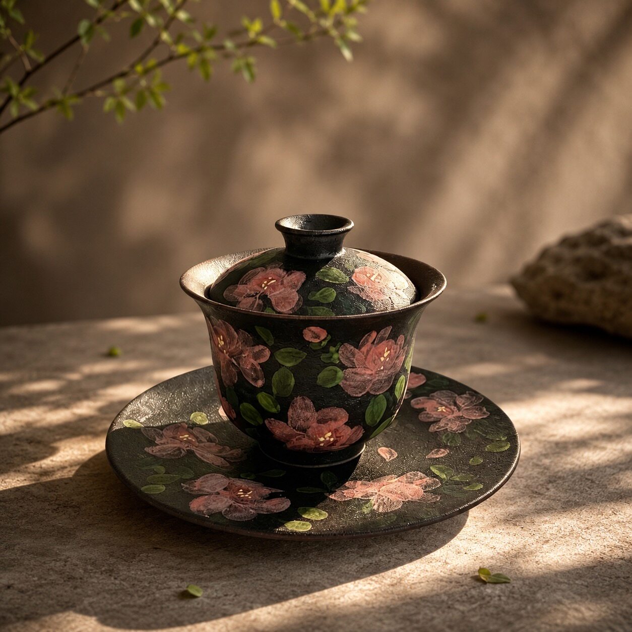 Dark Floral Hand-Painted Gaiwan Set