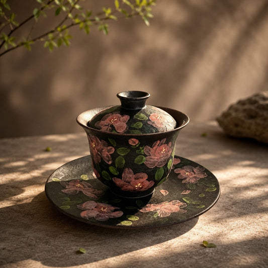 Dark Floral Hand-Painted Gaiwan Set
