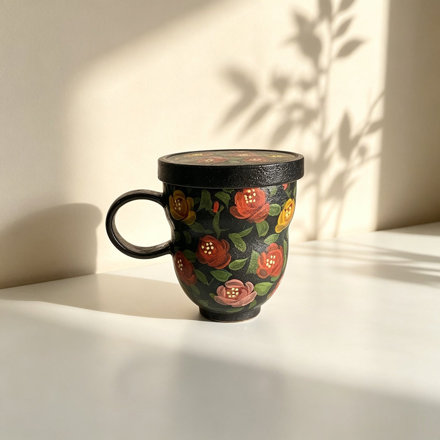 Black Floral Ceramic Travel Mug
