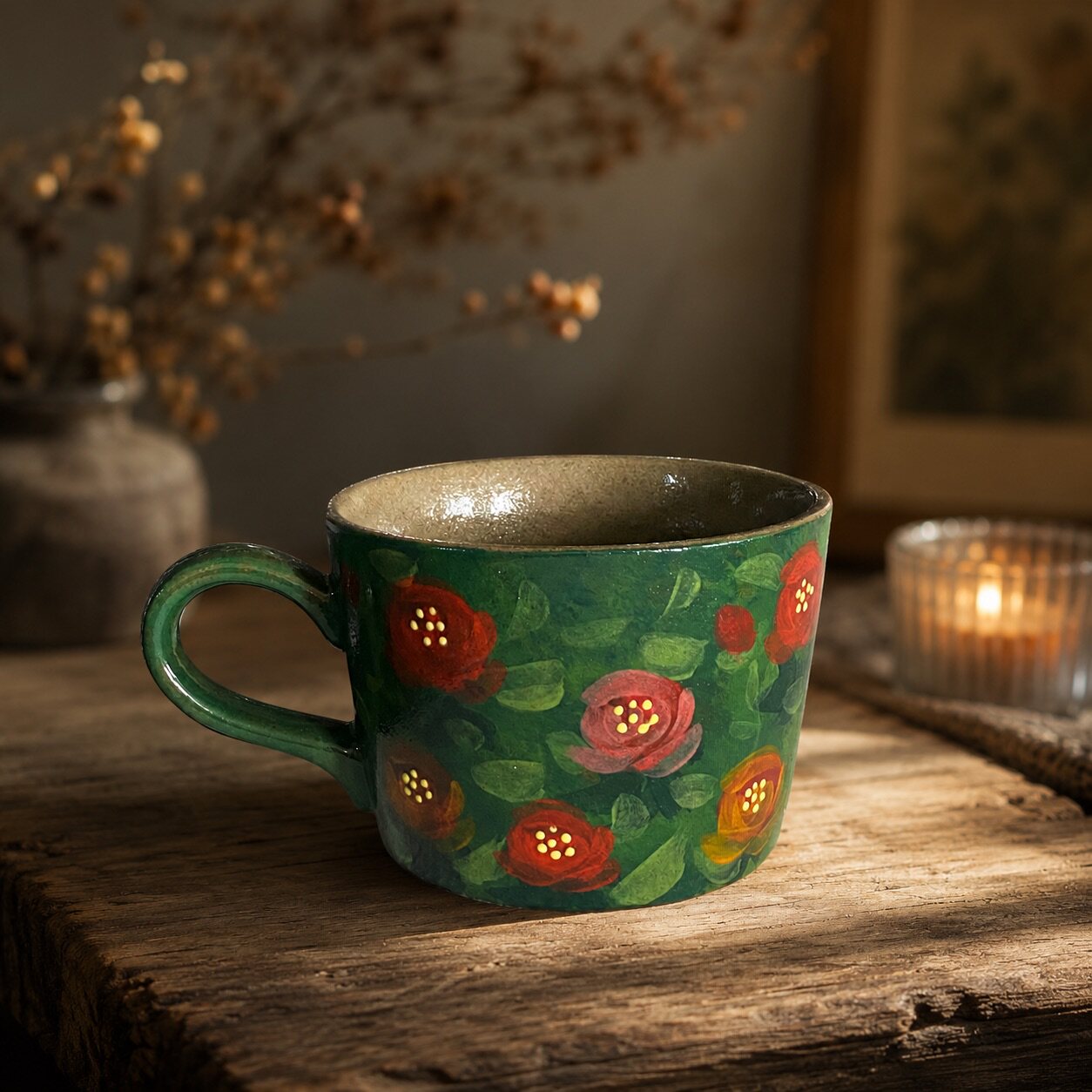 Green Floral Hand-Painted Ceramic Mug