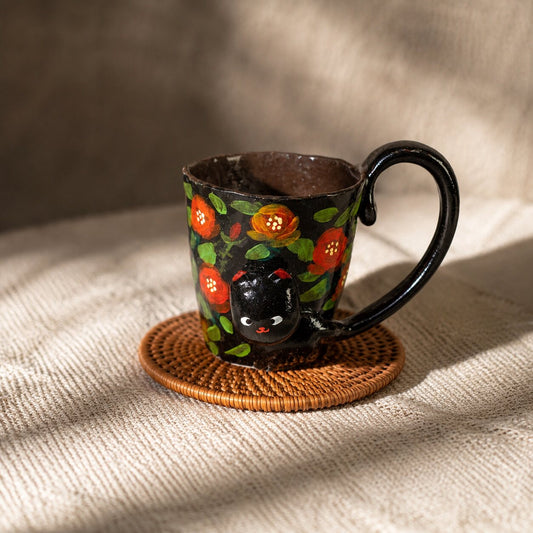Black Cat Floral Ceramic Mug