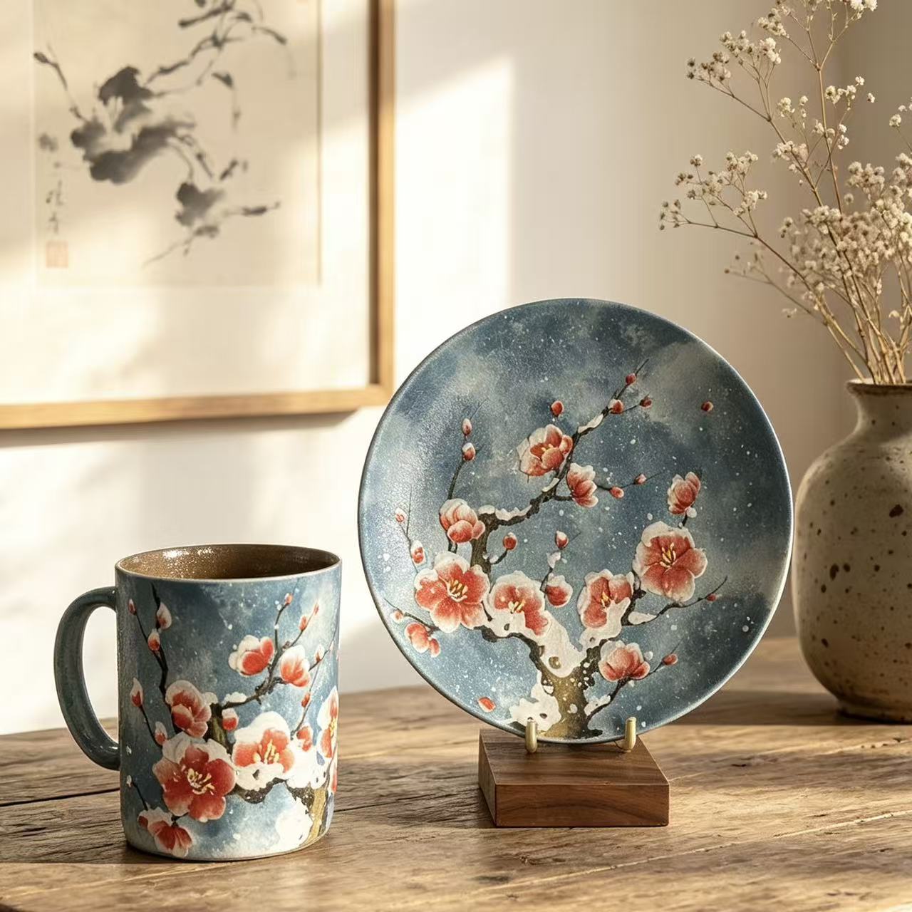 Plum Blossom Hand-Painted Ceramic Cup Set