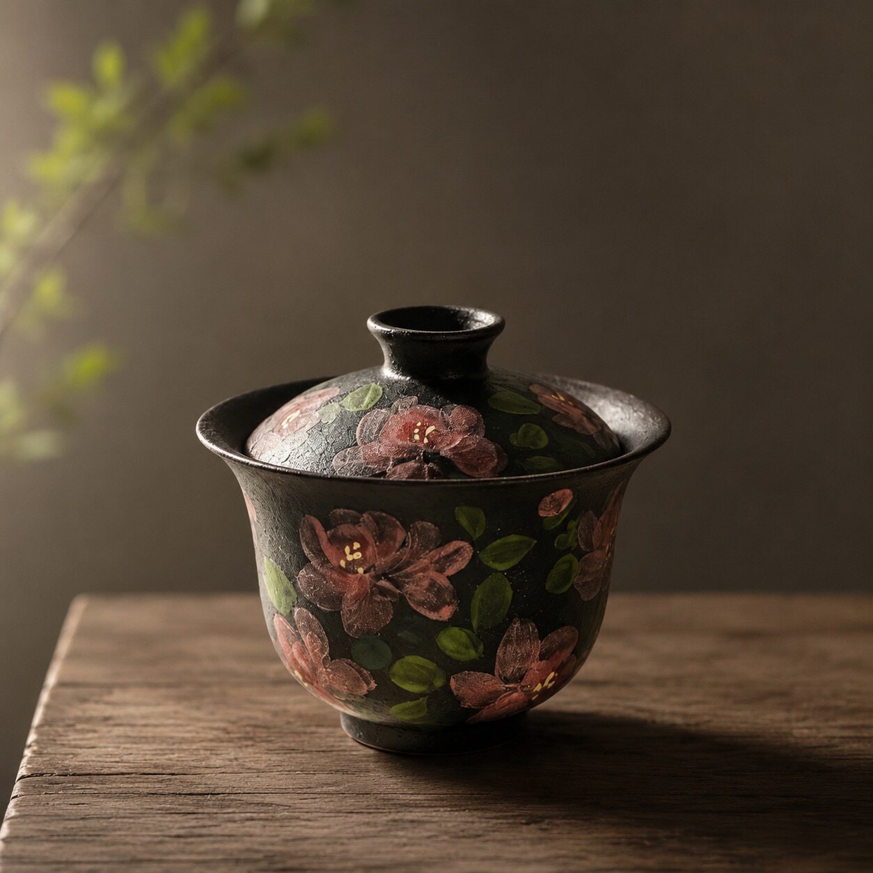 Dark Floral Hand-Painted Gaiwan Set