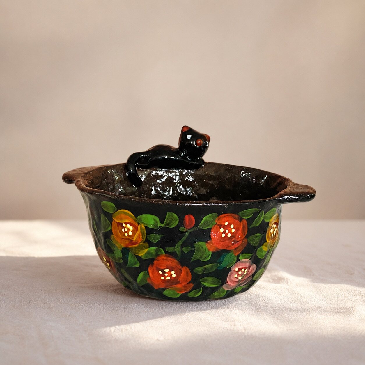 Black Cat Floral Ceramic Gaiwan