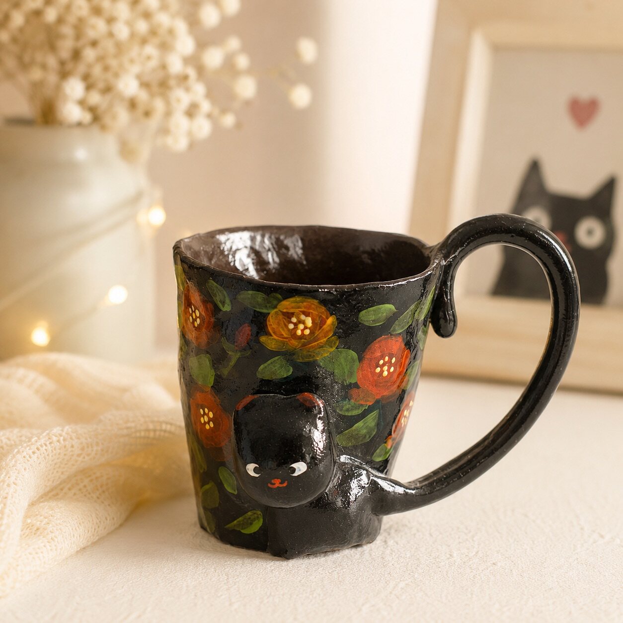 Black Cat Floral Ceramic Mug