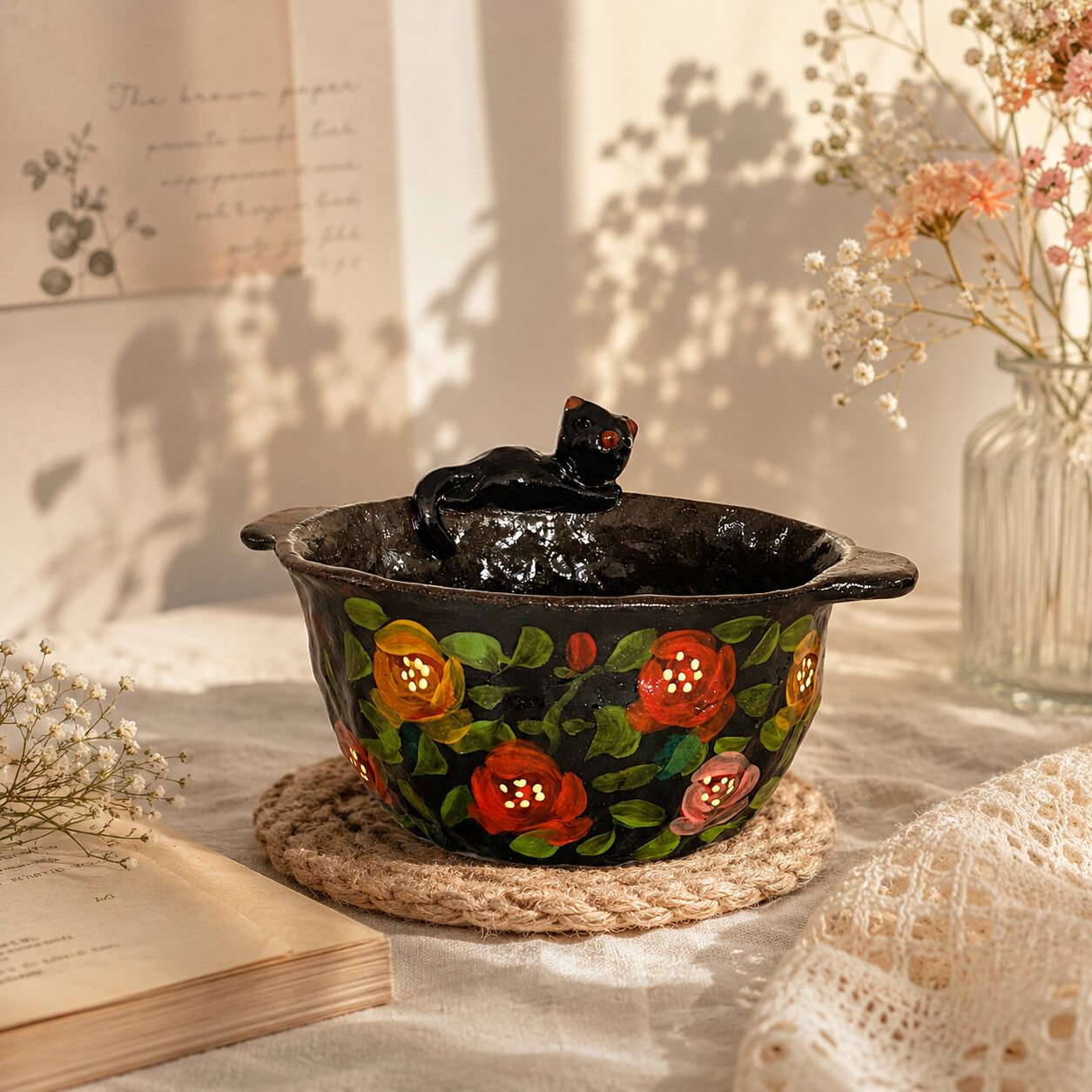 Black Cat Floral Ceramic Gaiwan