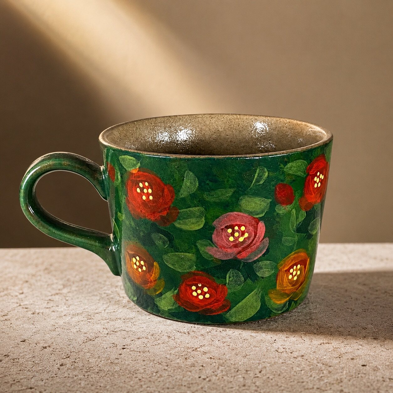 Green Floral Hand-Painted Ceramic Mug