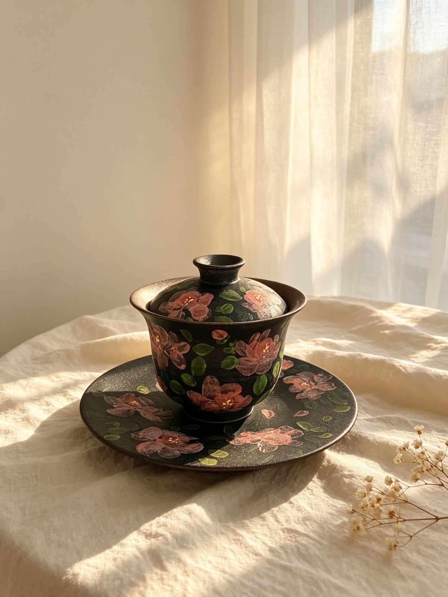Dark Floral Hand-Painted Gaiwan Set