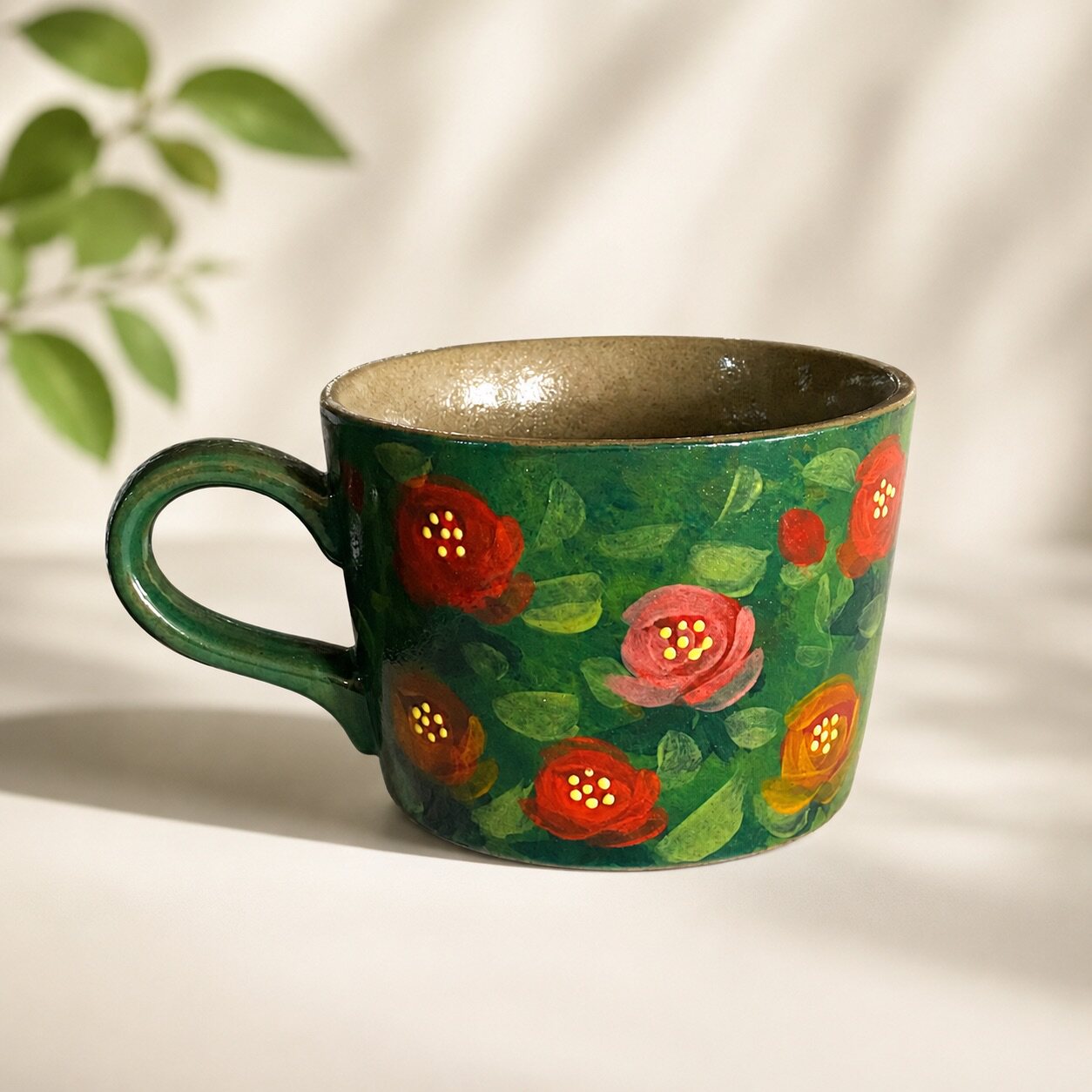 Green Floral Hand-Painted Ceramic Mug