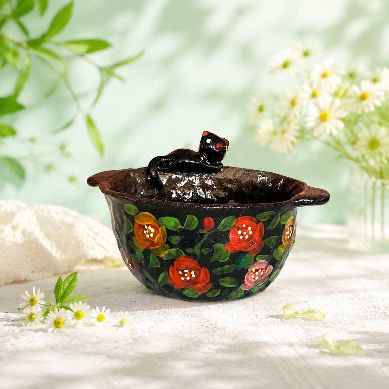 Black Cat Floral Ceramic Gaiwan