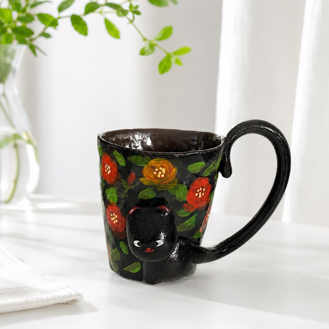 Black Cat Floral Ceramic Mug