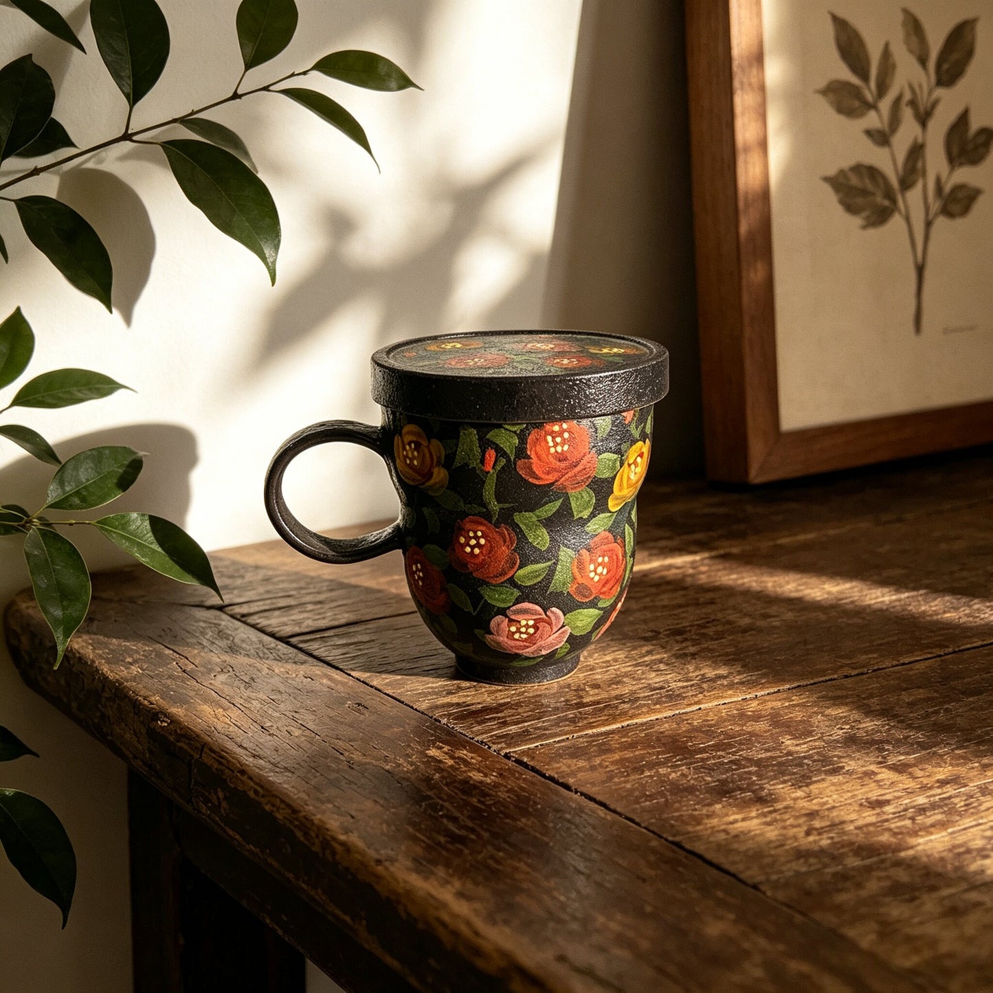 Black Floral Ceramic Travel Mug