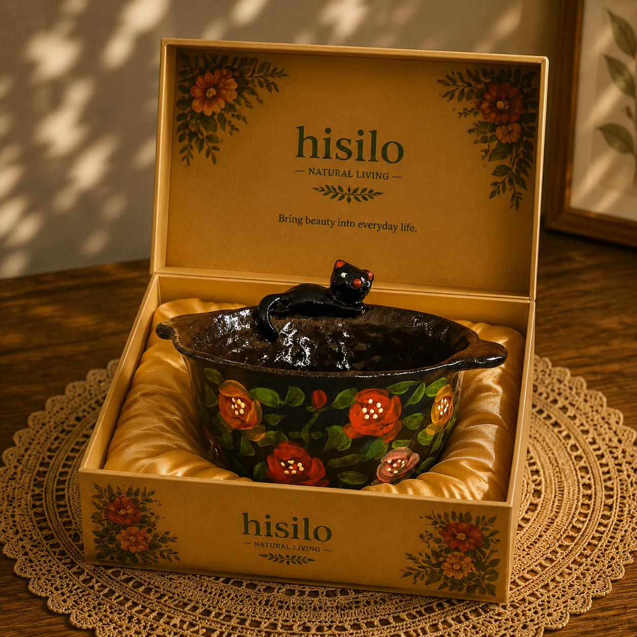 Black Cat Floral Ceramic Gaiwan